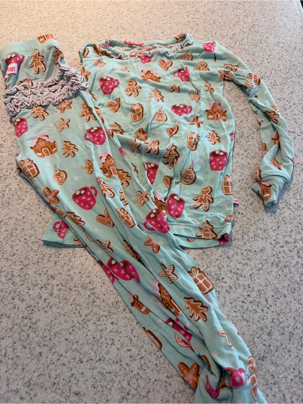 Ruffle Butts Light Blue Gingerbread & Hot Cocoa Pajama Set with Pink Accents